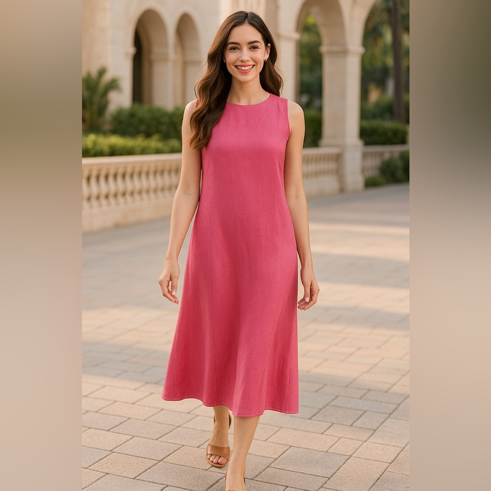 Coldwater Creek Pink Linen Blend Sleeveless Midi Dress XL Made in USA
